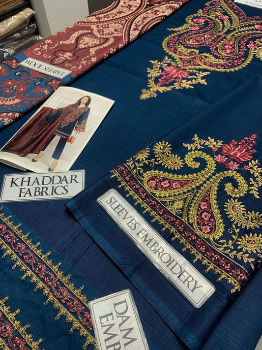 3 Pcs Women's Unstitched Khaddar Embroidered Suit