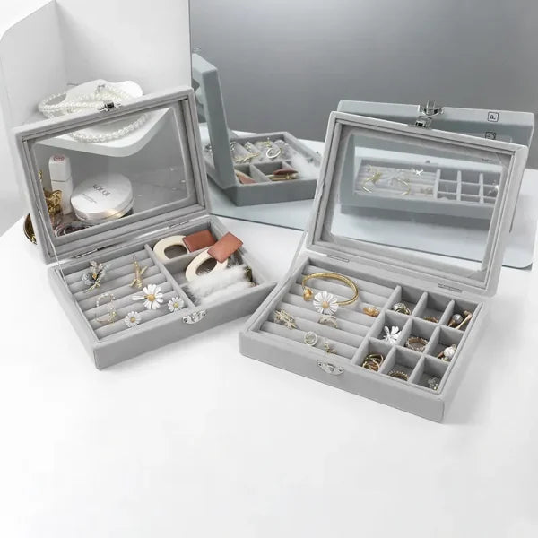 Velvet Jewelry Organizer Box with Glass Cover – Display & Storage for Rings, Earrings, Bracelets