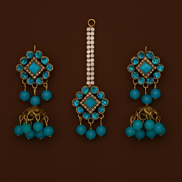 Ethnic Jhumkay & Bindya Jewelry Set – Artificial Blue Stone Jhumke for Women
