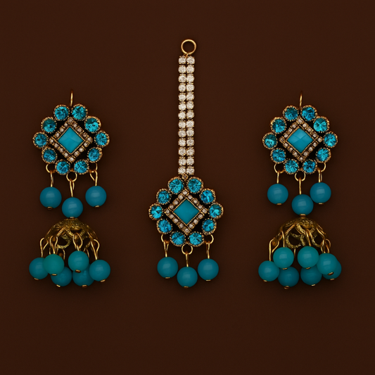 Ethnic Jhumkay & Bindya Jewelry Set – Artificial Blue Stone Jhumke for Women