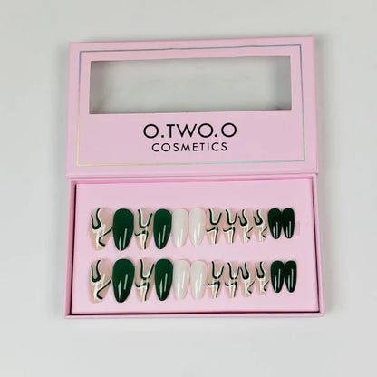24 Pcs O.TWO.O Green Matte Nails Set with Nail Accessories – Stylish Press-On Kit