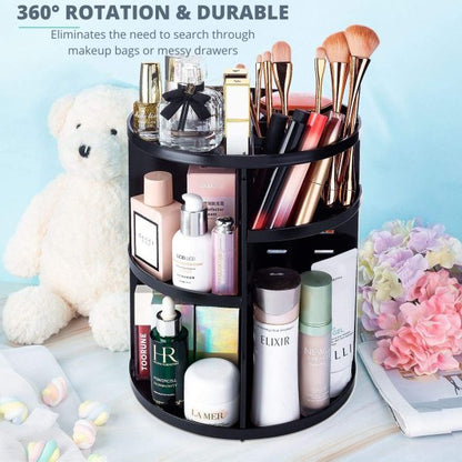 360° Rotating Cosmetic Organizer – Black Makeup Storage Box for Skincare & Beauty Essentials