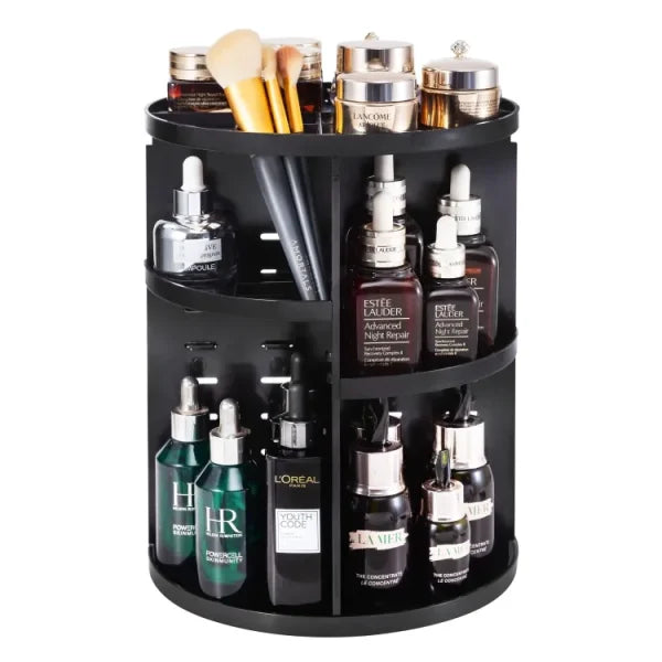 360° Rotating Cosmetic Organizer – Black Makeup Storage Box for Skincare & Beauty Essentials
