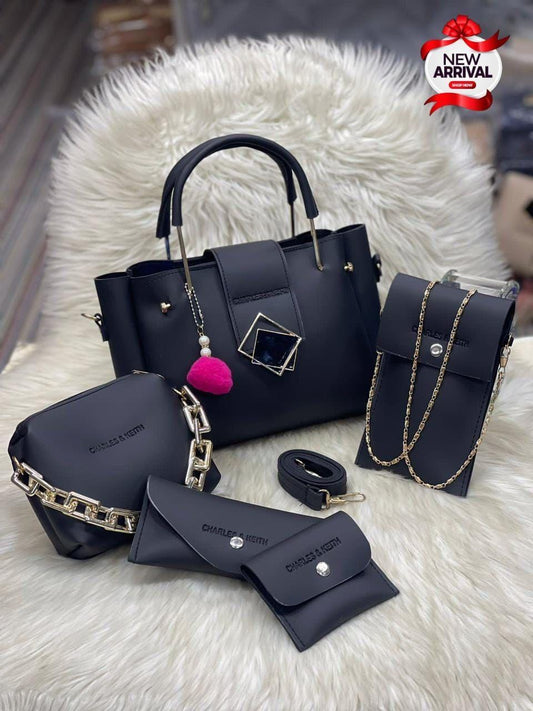 Chic Women's Leather Hand Bag Set - 5 Pcs in Blue