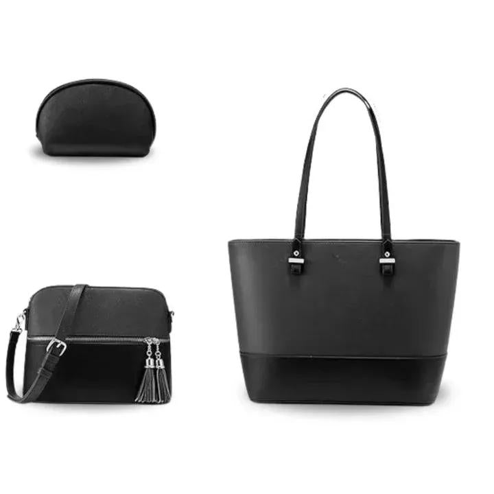 Stylish Women's PU Leather Hand Bag Set - 3 Pcs in White & Pink