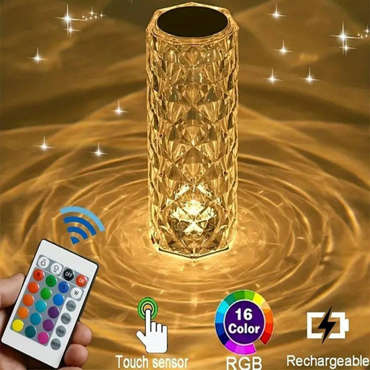 16 Colors Crystal Rose Touch Lamp – USB Rechargeable Acrylic Bedside Table Lamp with Remote