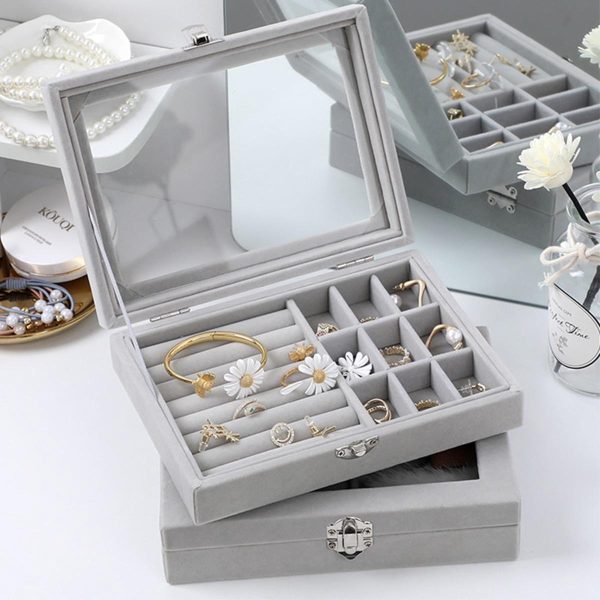 Velvet Jewelry Organizer Box with Glass Cover – Display & Storage for Rings, Earrings, Bracelets