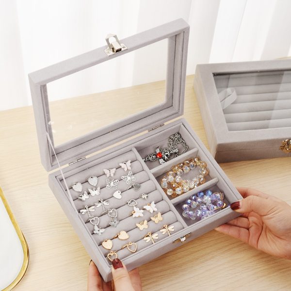 Velvet Jewelry Organizer Box with Glass Cover – Display & Storage for Rings, Earrings, Bracelets