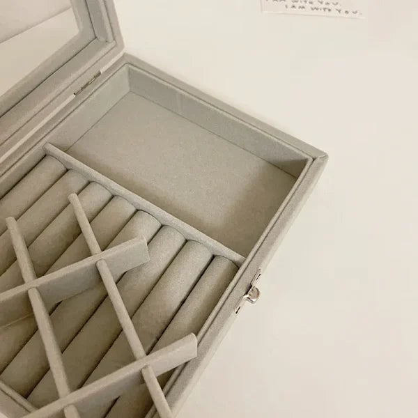 Velvet Jewelry Organizer Box with Glass Cover – Display & Storage for Rings, Earrings, Bracelets