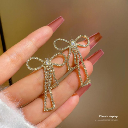 PQT-985 Bow Shape Zircon Korean Earrings – Elegant Golden Color Women’s Jewelry